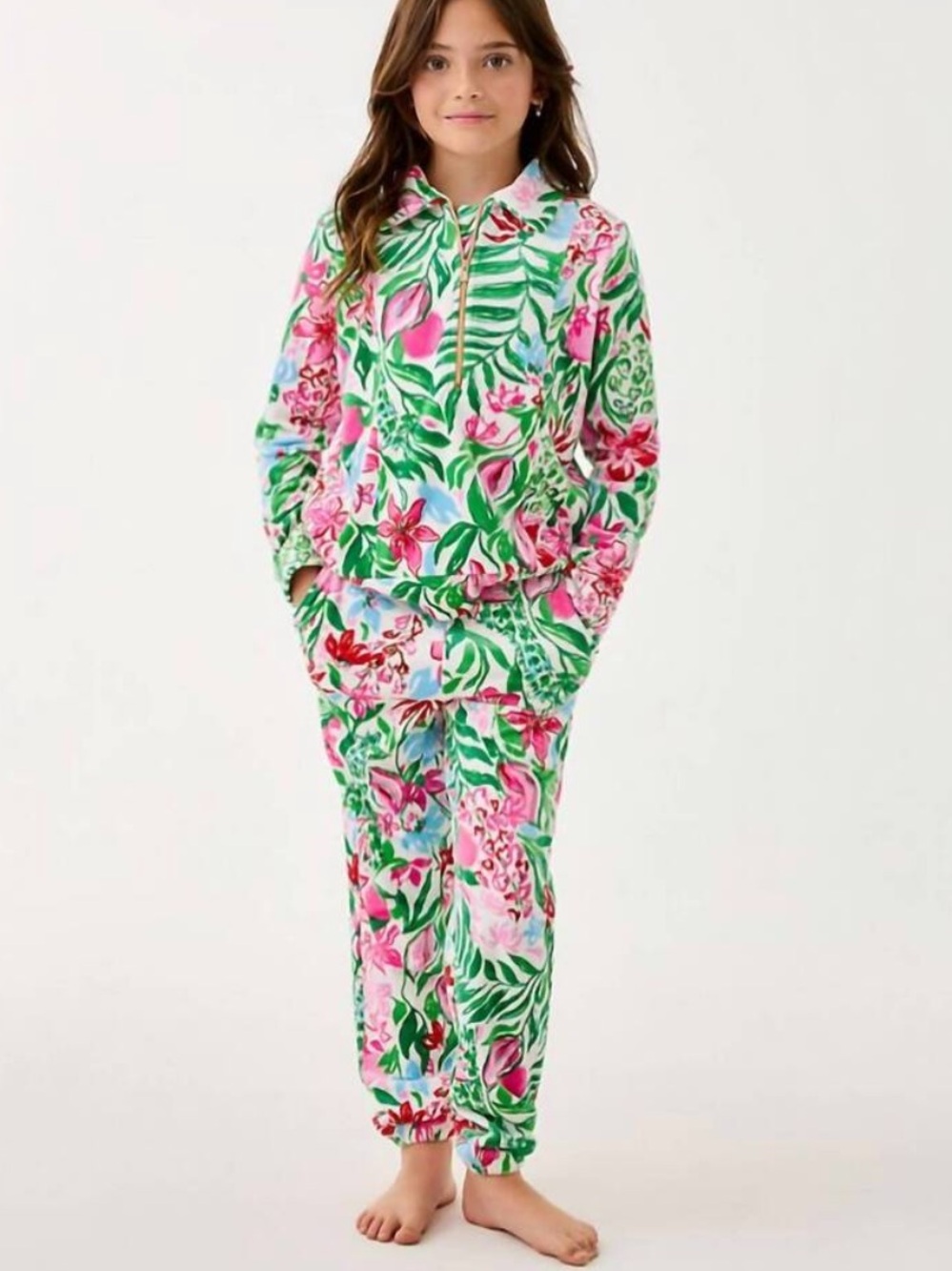 LILLY PULITZER mini eleni velour half zip pullover and joggers in glowing garden